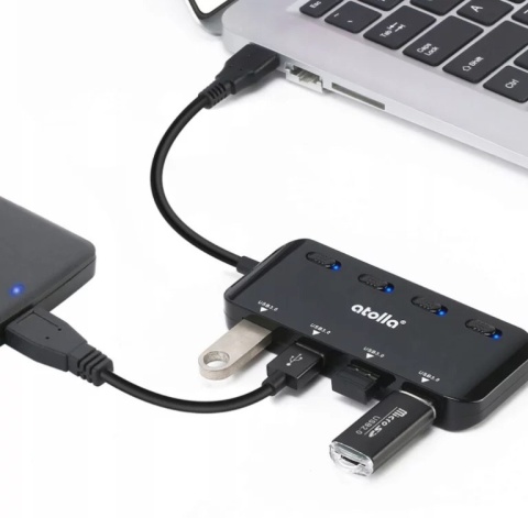 Atolla 4 Port Extension USB 3.0 data Hub z indywidualnymi przełącznikami zasilania i diodami LED