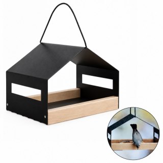 Nowoczesny karmnik, domek dla ptaków, duży metalowy, drewniana podstawa PT06
