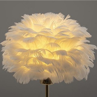 Elegancka lampa nocna stołowa z kloszem z białych piór ściemniacz 3 kolory świecenia USB OZD12