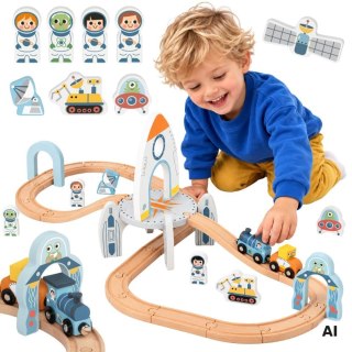 TOOKY TOY Drewniana Kolejka Pociąg Kosmiczna Rakieta Tory