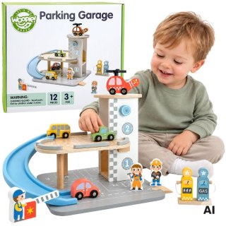 WOOPIE GREEN Drewniany Parking Piętrowy 2w1 Stacja Benzynowa z Autkami i Figurkami 12 el. FSC