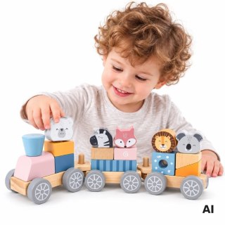 VIGA PolarB Drewniana Kolejka z Wagonikami i Zwierzątkami Do Układania Montessori
