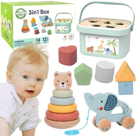 WOOPIE GREEN Pudełko Sorter Box 3w1 Klocki Piramidka Słonik FSC