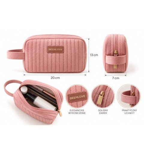Kosmetyczka damska aksamitna podłużna 20cm x 13cm różowa KS162