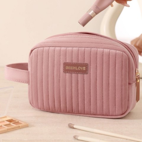 Kosmetyczka damska aksamitna podłużna 20cm x 13cm różowa KS162