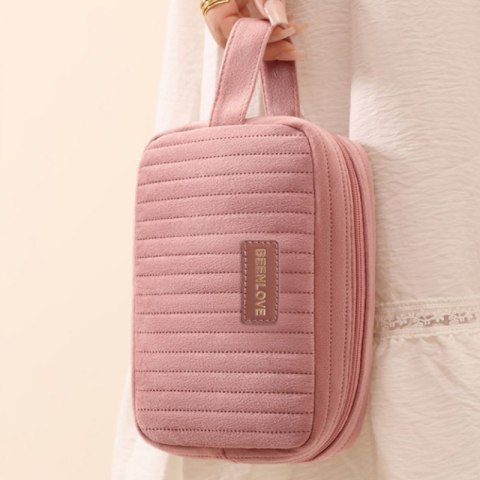Kosmetyczka damska aksamitna podłużna 20cm x 13cm różowa KS162