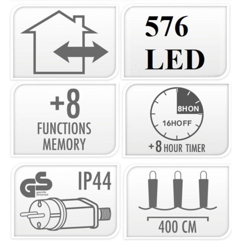 LAMPKI CHOINKOWE ŁAŃCUCH ŚWIETLNY 576 LED TIMER ZIMNY BIAŁY