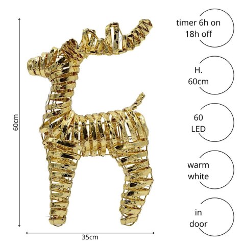 DEKORACJA RENIFER 60CM TIMER 60 LED ZŁOTY