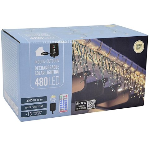 SOLARNY ŁAŃCUCH ŚWIETLNY 480 LED 13 FUNKCJI USB CIEPŁY BIAŁY